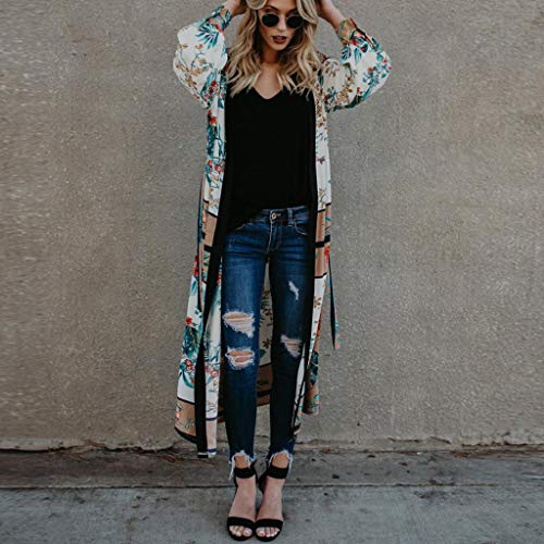 Cardigans Mujer Kimono 2019 Nuevo SHOBDW Pareos Manga Larga Cardigans Mujer Flores Boho Vendaje Playa de Verano Cardigans Mujer Largo Cover Up Suelto Tops Blusa Tallas Grandes S-3XL(Verde,3XL)