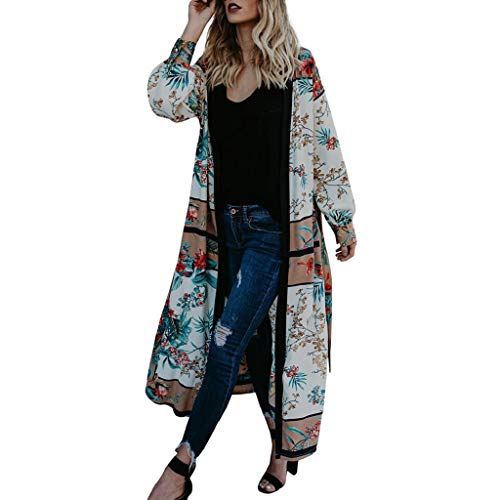 Cardigans Mujer Kimono 2019 Nuevo SHOBDW Pareos Manga Larga Cardigans Mujer Flores Boho Vendaje Playa de Verano Cardigans Mujer Largo Cover Up Suelto Tops Blusa Tallas Grandes S-3XL(Verde,3XL)
