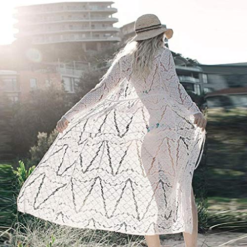 Cardigans Mujer Largo 2019 Nuevo SHOBDW Pareos Casual Cardigans Mujer Transparentes Gasa Encaje Cover Up Bikini Playa de Verano Chal Manga Larga Tops Blusa Vendaje Camisa de Protección Solar(Blanco,M)