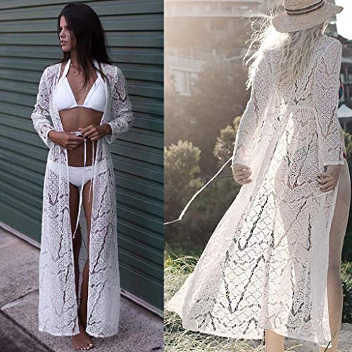 Cardigans Mujer Largo 2019 Nuevo SHOBDW Pareos Casual Cardigans Mujer Transparentes Gasa Encaje Cover Up Bikini Playa de Verano Chal Manga Larga Tops Blusa Vendaje Camisa de Protección Solar(Blanco,M)