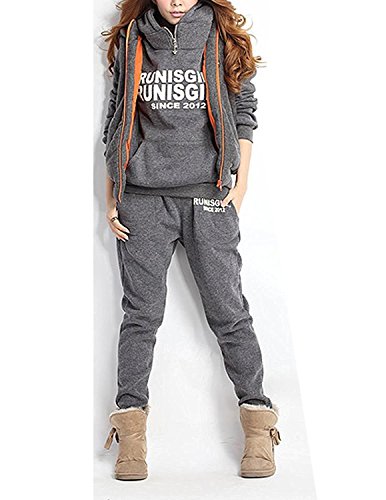 CARINACOCO Mujer 3pcs Chándal Encapuchada Casual Conjuntos Deportivos Otoño Invierno Sudadera con capucha Sweatshirt + Hoodie Chaqueta Chaleco + Pantalones Gris XXL