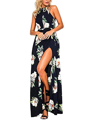 carinacoco Mujer Vestido Fiesta Largo Sin Mangas de Escotado por Detrás Maxi Vestidos Boho Chic de Noche Playa Vacaciones (XXL, Azul)