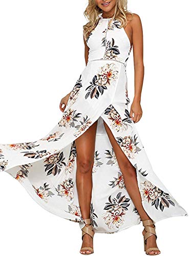 carinacoco Mujer Vestido Fiesta Largo Sin Mangas de Escotado por Detrás Maxi Vestidos Boho Chic de Noche Playa Vacaciones (XXL, Blanco)
