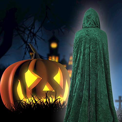 Carnavalife, Capa con Capucha Terciopelo Largo Medieval, Disfraces de Bruja, Vampiro Princesa, Fiesta de Carnaval Halloween, Verde, para Hombre, Mujer, Niño, Niña, Talla 140cm