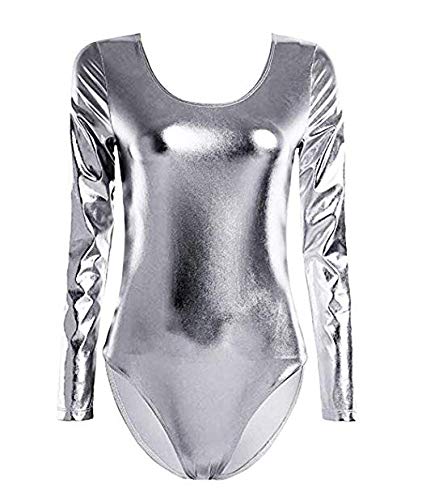 Carnavalife Maillot Ballet Danza Mujer de Manga Larga y Cuello Redondo (Plateado, M)