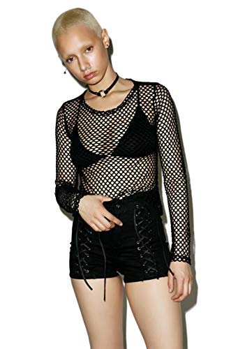 Carolilly - Blusa de malla para mujer, transparente, tul, malla, manga larga Negro XL