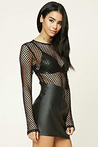 Carolilly - Blusa de malla para mujer, transparente, tul, malla, manga larga Negro XL