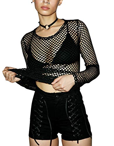 Carolilly - Blusa de malla para mujer, transparente, tul, malla, manga larga Negro XL