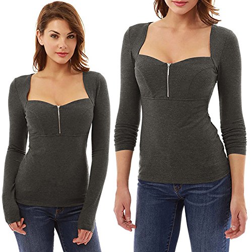 Carolilly Camiseta de Manga Larga para Mujer Camisa Sexy Suéter con Cremallera con Cuello Cuadrado Negro Púrpura Gris
