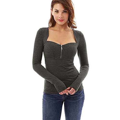 Carolilly Camiseta de Manga Larga para Mujer Camisa Sexy Suéter con Cremallera con Cuello Cuadrado Negro Púrpura Gris