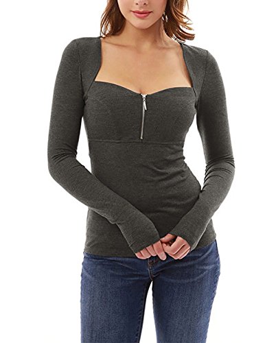 Carolilly Camiseta de Manga Larga para Mujer Camisa Sexy Suéter con Cremallera con Cuello Cuadrado Negro Púrpura Gris