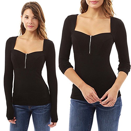 Carolilly Camiseta de Manga Larga para Mujer Camisa Sexy Suéter con Cremallera con Cuello Cuadrado Negro Púrpura Gris