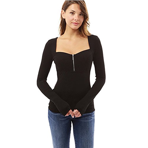 Carolilly Camiseta de Manga Larga para Mujer Camisa Sexy Suéter con Cremallera con Cuello Cuadrado Negro Púrpura Gris