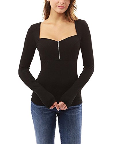 Carolilly Camiseta de Manga Larga para Mujer Camisa Sexy Suéter con Cremallera con Cuello Cuadrado Negro Púrpura Gris