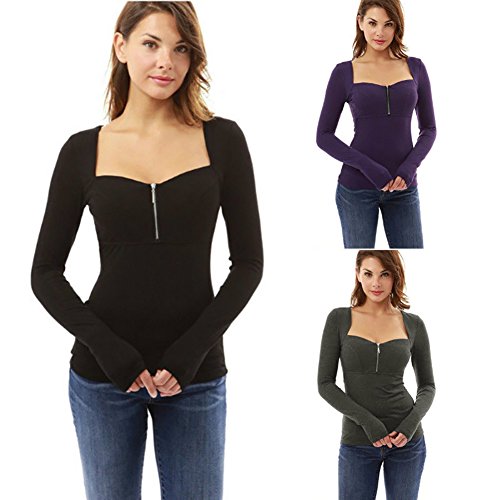 Carolilly Camiseta de Manga Larga para Mujer Camisa Sexy Suéter con Cremallera con Cuello Cuadrado Negro Púrpura Gris