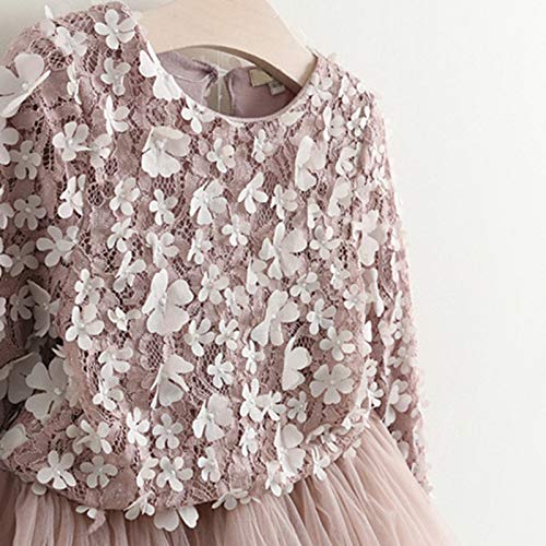 Carolilly Vestido de niña con costuras de hilo de punto, moda fresca y tridimensional, cuello redondo, vestido para niña de manga larga Rosa 4 años