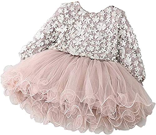 Carolilly Vestido de niña con costuras de hilo de punto, moda fresca y tridimensional, cuello redondo, vestido para niña de manga larga Rosa 4 años