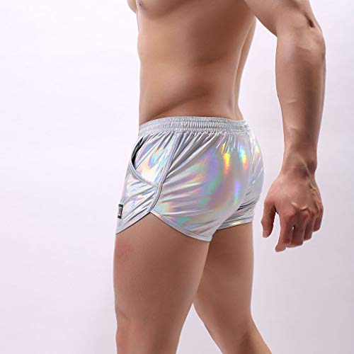 CAVIVI Pantalones cortos de playa para hombre, de secado rápido, metálicos, brillantes, pantalones cortos para hombre, bañadores, ropa de baile y clubwear, Nailon/nailon., Plateado, Large