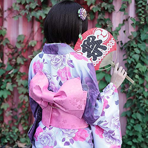CDDKJDS Kimono De Algodón Tradicional con OBI Japón Flor De Albornoces Mujeres Yukata Ropa De Baño Bata (Color : Kimono with OBI, Size : One Size)