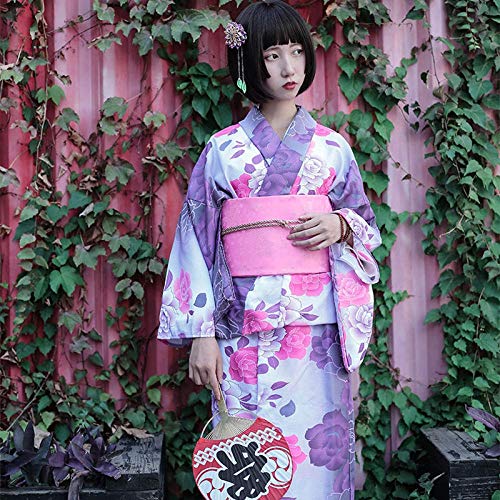 CDDKJDS Kimono De Algodón Tradicional con OBI Japón Flor De Albornoces Mujeres Yukata Ropa De Baño Bata (Color : Kimono with OBI, Size : One Size)