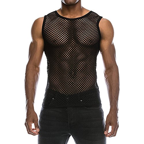 Chaleco Camiseta de Malla Hombre Lencería Erótica Fishnet Transparente sin Mangas Top Apretada Muscular Traje de Fiesta Clubwear para Hombres