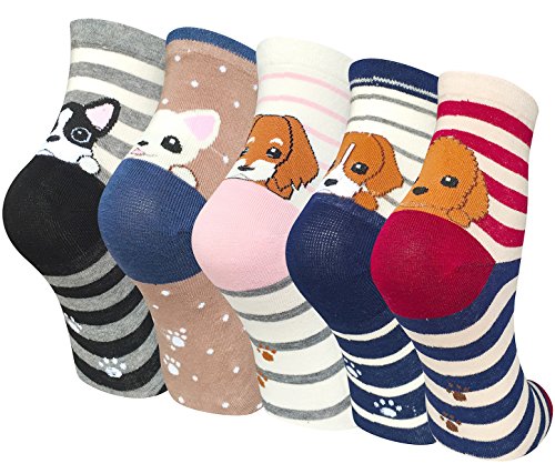 Chalier Pack de 5 Calcetines Mujer Divertidos Originales Animales Lindos Estampados Ocasionales de Algodón para Niña y Mujer