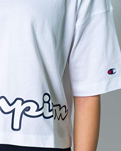 Champion Camiseta para Damas - Cuello Redondo, Crop-Top, Uni, Logo-Print, Manga Corta (Blanco, XS)