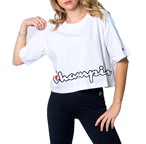 Champion Camiseta para Damas - Cuello Redondo, Crop-Top, Uni, Logo-Print, Manga Corta (Blanco, XS)