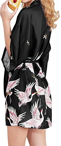 Chaos World Vestido para Mujer Kimono Corto Pijama Bata Satén Seda de Hielo Bata Albornoz (Grulla Negro, Large)