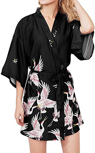 Chaos World Vestido para Mujer Kimono Corto Pijama Bata Satén Seda de Hielo Bata Albornoz (Grulla Negro, Large)