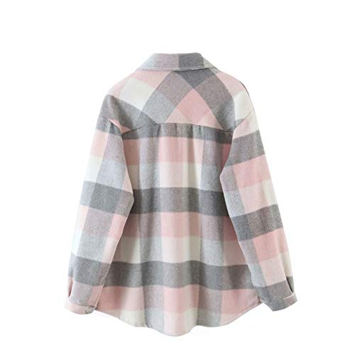 Chaqueta a Cuadros para Mujer con Botones Chaqueta Transición Sobrecamisa Cuadros con Bolsillos Camisa Ligera Manga Larga Estilo Boyfriend Otoño Moderno (Grey Pink, L)