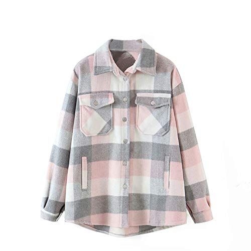 Chaqueta a Cuadros para Mujer con Botones Chaqueta Transición Sobrecamisa Cuadros con Bolsillos Camisa Ligera Manga Larga Estilo Boyfriend Otoño Moderno (Grey Pink, L)