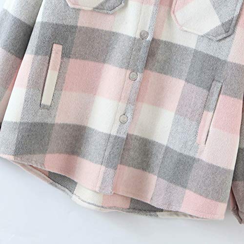 Chaqueta a Cuadros para Mujer con Botones Chaqueta Transición Sobrecamisa Cuadros con Bolsillos Camisa Ligera Manga Larga Estilo Boyfriend Otoño Moderno (Grey Pink, L)