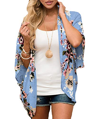 Chaqueta de chifón floral para mujer – Bikini de media manga kimono chal de protección solar blusas de playa Estilo G. L