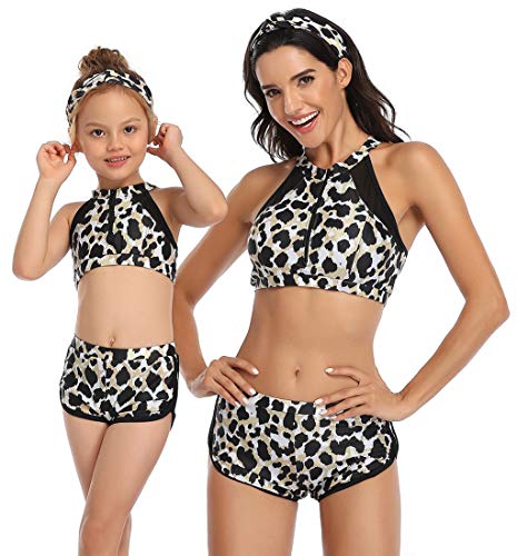 ChayChax Traje de Baño Mujer Niñas Lindo Conjunto de Bikini Madre e Hija Familia Volantes Talle Alto Trajes de Baño, Leopardo A, L (EU 42-44)