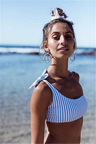 CheChury Bikini Mujer Moda Conjuntos De Bikini Rayas Talle Alto Retro Brasileños Mujer Sexy Traje De Baño Cuello Halter Strapless Off Shoulder Push-Up Bikini Acolchado Bra