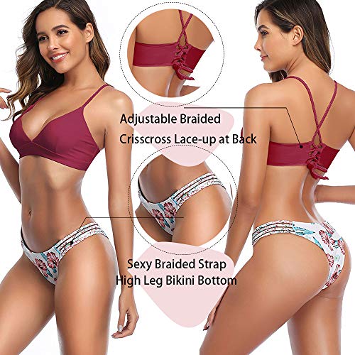 CheChury Conjunto de Bikini con Estampado de Girasol Moda Mujer 2020 brasileños Push Up Traje de bañode Dos Piezas con Encaje Trenzado