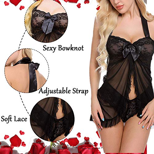 CheChury Mujer Ropa Erótica Encaje Lencería Conjunto Mujer Ropa de Dormir Camisón Mini Vestido con Cuello Halter Encaje Floral con Tanga