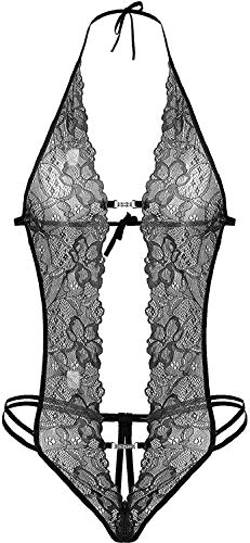 CheChury Mujer Ropa Interior Conjunto Sexy V Profundo Lencería Encaje Espalda Abierta Erótica Transparente Mini Babydoll de Lencería,Talla única