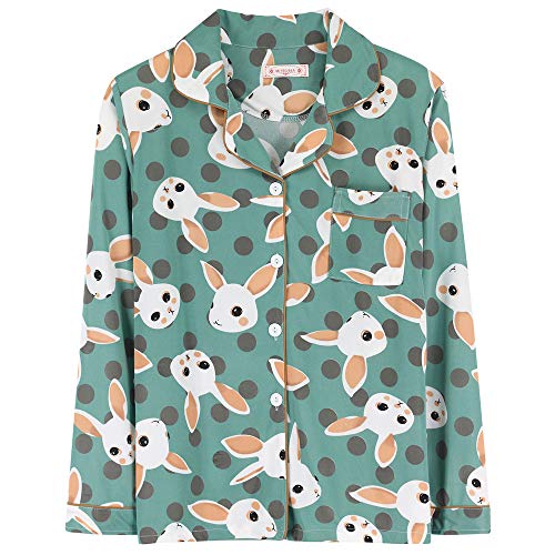Chickwin Pijama de Manga Larga con Botones para Mujer Linda impresión Ropa de Dormir Invierno Dos Piezas - Suave Cómodo Casual Mujer Chandal Pjs Regalo Navidad (Conejito Verde,L)