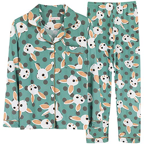 Chickwin Pijama de Manga Larga con Botones para Mujer Linda impresión Ropa de Dormir Invierno Dos Piezas - Suave Cómodo Casual Mujer Chandal Pjs Regalo Navidad (Conejito Verde,L)