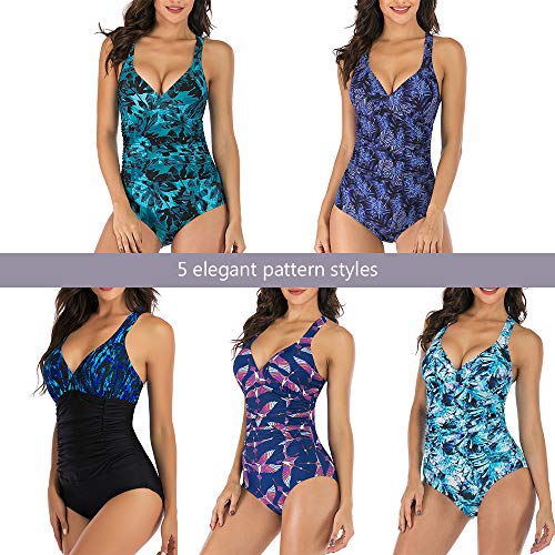 Chickwin Traje de Baño Una Pieza para Mujer Sexy V Cuello Verano Estampado Vintage Bañador Cintura Alta Bañador de Mujer Elegante Ropa de Baño con Relleno (EU36,Negro)