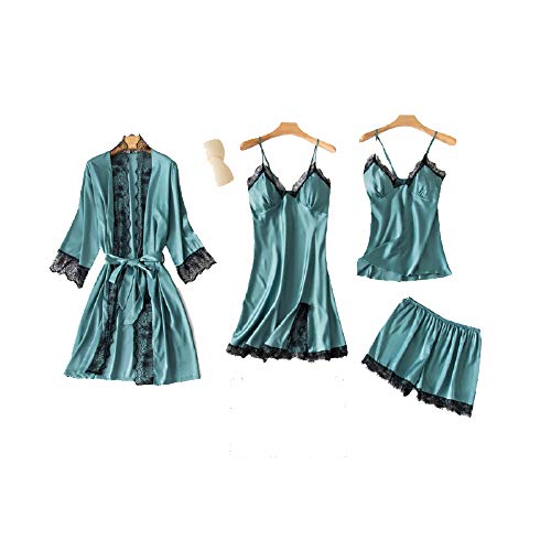 Chongmu Mujeres 4pcs Pijama de Seda Conjuntos Camisón de Satén Ropa de Dormir Bata Cuello en V Pijamas Albornoz