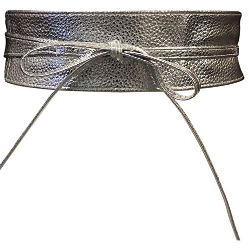 Cinturón Obi de mujer Banda de cintura ancha de encaje Cincha de cuero sintético Ate una talla Boho (Cuero Plateado)