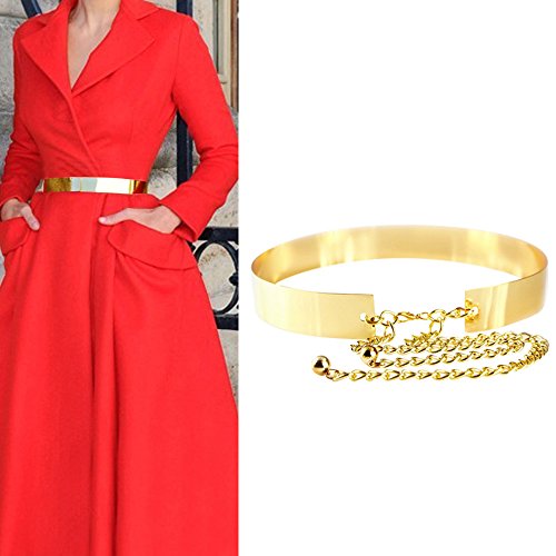 Cinturones Mujer Fiesta, Cinturon Dorado Mujer, 3.5cm de Ancho Mujeres de La Moda Lady Full Metal Plate Chains Mirror Waist Belt Dress Cintura CinturóN MetáLico (Estilo sólido)