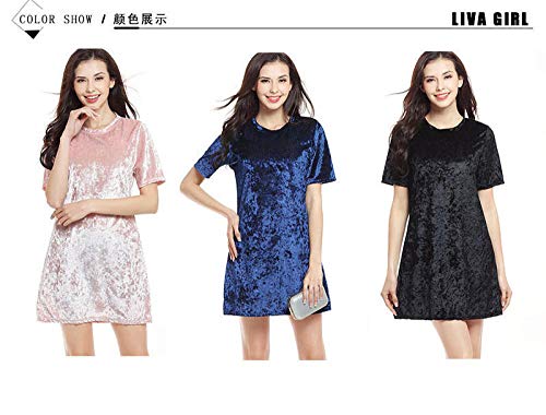 Cisne Salvaje Seda Oro Diamante Terciopelo Suelto Cuello Redondo Vestido de Manga Corta Una Palabra Falda Corta Mujer@Metro_Negro