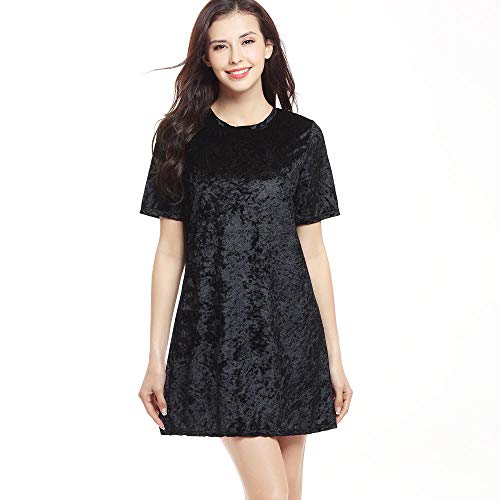 Cisne Salvaje Seda Oro Diamante Terciopelo Suelto Cuello Redondo Vestido de Manga Corta Una Palabra Falda Corta Mujer@Metro_Negro