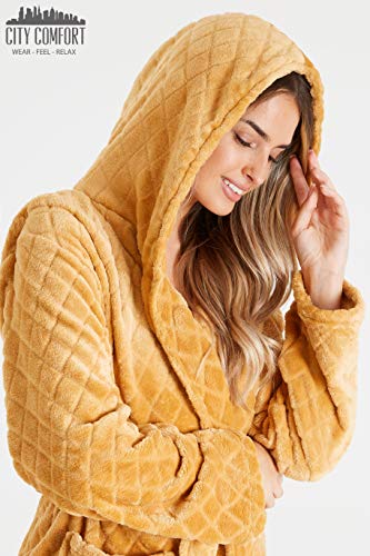 CityComfort - Bata De Baño De Lujo para Mujer con Capucha Y Puños De Sherpa | Bata Súper Suave con Capucha Forrada | Albornoz De Felpa (M, Amarillo)