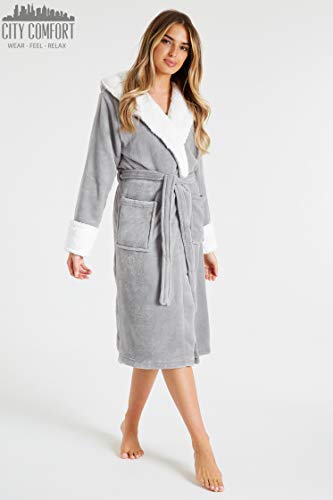 CityComfort Bata de Estar por Casa Mujer Invierno con Capucha, Ropa de Dormir Suave Material de Forro Polar, Batín Tejido Peluche Accesorios Mujer, Regalos para Mama (M, Gris Claro)