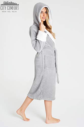 CityComfort Bata de Estar por Casa Mujer Invierno con Capucha, Ropa de Dormir Suave Material de Forro Polar, Batín Tejido Peluche Accesorios Mujer, Regalos para Mama (M, Gris Claro)